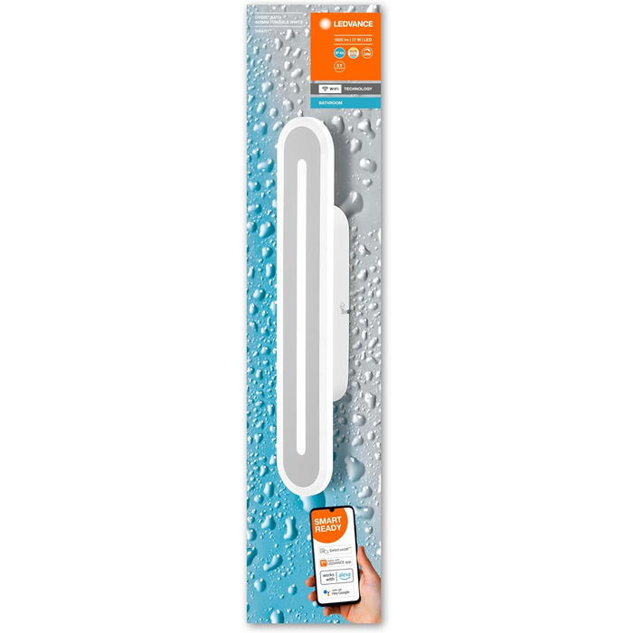 LEDVANCE Smart LED Bathroom Lamp white, 1600LM, 3000-6500K, 400mm x 70mm, IP44, Orbis Bath Wall Light, bathroom light with Wi-Fi technology, dimmable, controllable via app and voice assistants