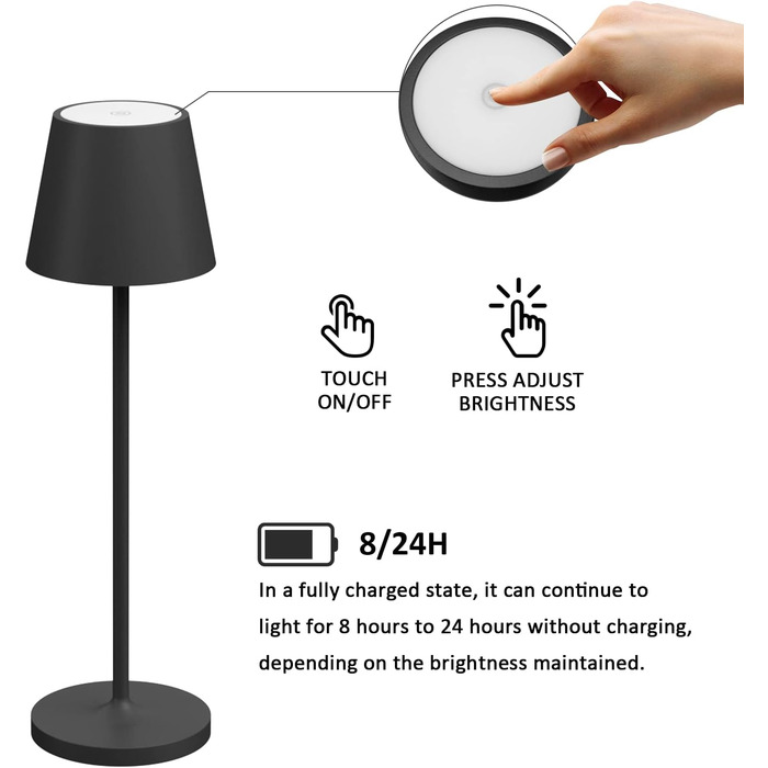 LED настільна лампа K-Bright з регулюванням яскравості, акумуляторна, для дому та вулиці, IP54, чорна