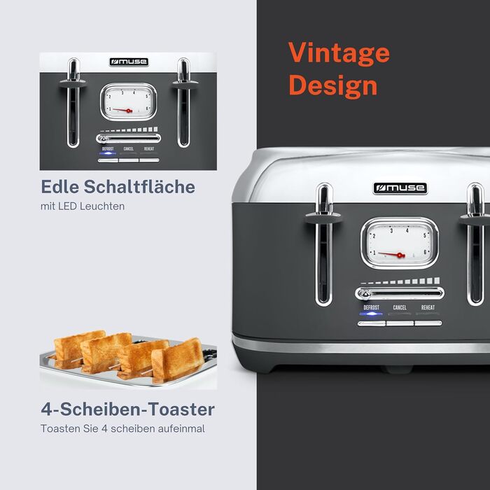 Тостер Muse MS-131 BC із нержавіючої сталі, ретро-дизайн, 4-х місний, 6 рівнів підсмажування, з підсвічуванням, з шухлядою для крихт (сірий)