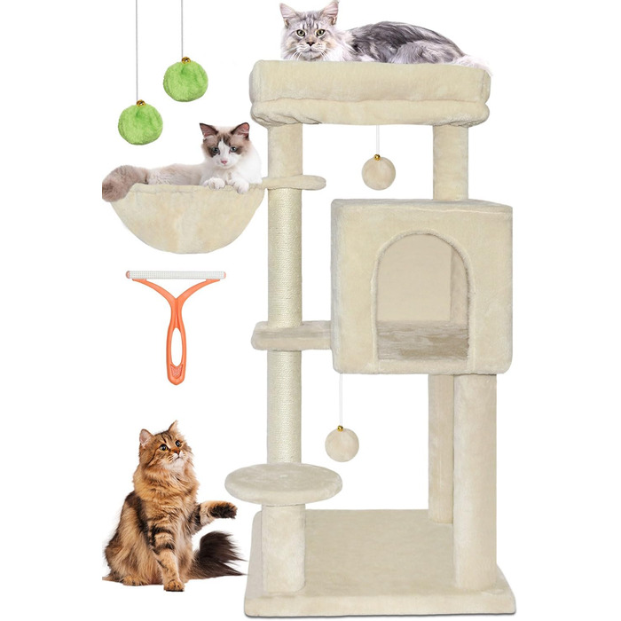 Котячий будиночок з дряпалкою, великі платформи, сизаль, пандус, будиночок для котів, м'ячі та щітка для котів, 95 см, бежевий