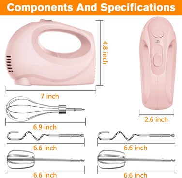 Електричний міксер ручний з 5 швидкостями, CX-6613, білий/рожевий. В комплекті: вінчик, міксер, гаки для тіста (нержавіюча сталь), миється в посудомийній машині