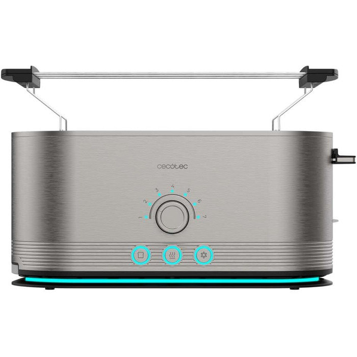 Cecotec Shine&Toast Extra Double stainless steel vertical toaster. 1400W, capacity for 4 slices, 3.8 cm wide slots, illuminated ring, 7 browning levels, upper bread rack.