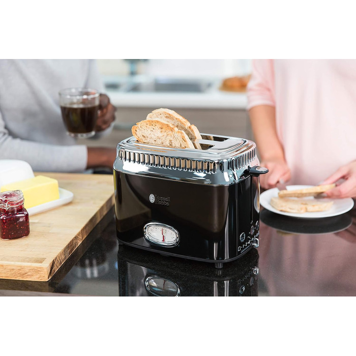 Russell Hobbs Toaster [for 2 slices] Retro Stainless Steel Black (Retro-style countdown display, including bread roll attachment, 6 browning levels + defrost & reheat function, 1300W) Vintage 21681-56
