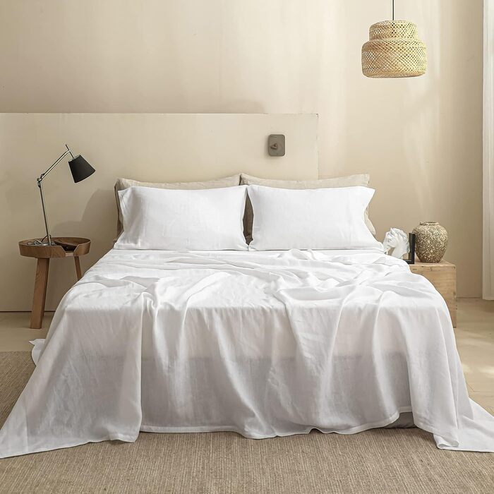 Simple&Opulence Linen Sheet Set 100% Linen Bedding, Ultra-Soft, Breathable Bed Sheets for Farmhouse Style, Only 1 Fitted Sheet (269cm x 295 cm, White)