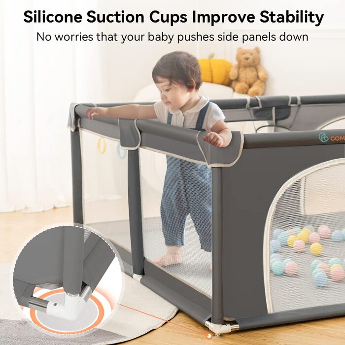 COMOMY Playpen Baby, 180x200x66cm Play Yard Baby Large XXL Safety Play Area Protective Fence for Children with Soft Net, Non-Slip Oxford Bottom, Balls, Mini-Baskets, and 4 Pull Rings, Green 180x200x66cm Dark Green