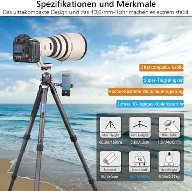 Штатив для камери Artcise з вуглецевого волокна, монопод 40 мм, професійний, для важкої техніки, подорожей, максимальне навантаження 40 кг (CS90C)