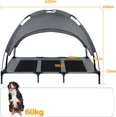 Ліжко для собак з балдахіном, лежанка для тварин Outdoor 2 в 1, софа для собак, піднята лежанка для котів та собак великих та маленьких порід, 122x92x102 см