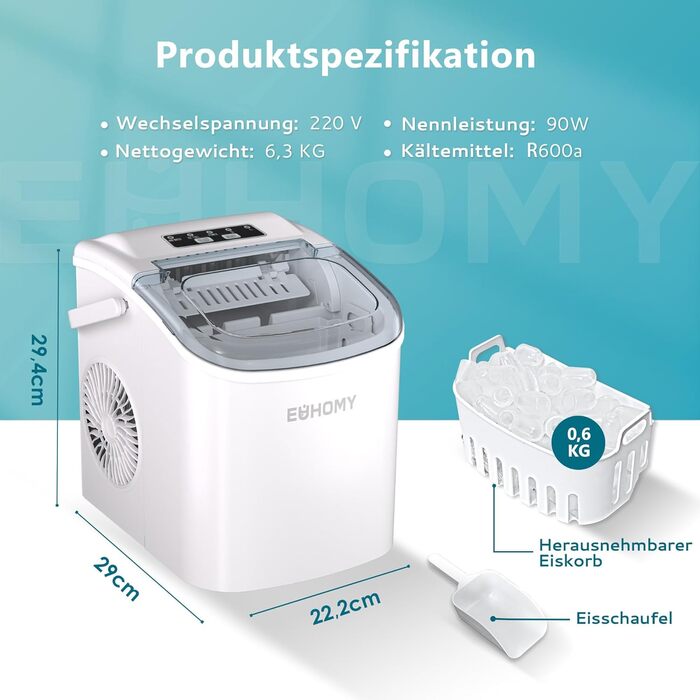 Машина для льоду EUHOMY, 12 кг/24 год, чорна, самоочисна, 1.2 л