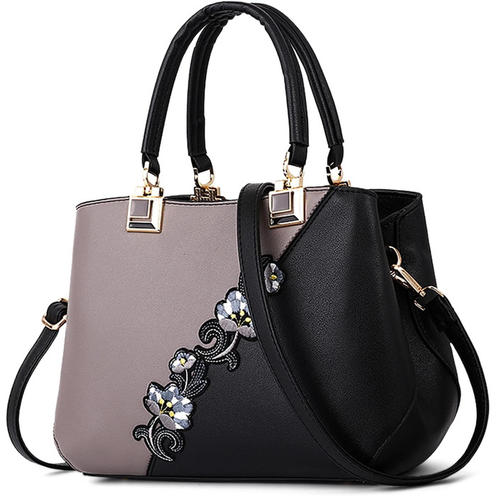 Сумка жіноча DIRRONA сіра: сумка-тоут, сумка через плече з квітковою вишивкою та помпонами для роботи, відпочинку, подорожей, вечірок та весіль