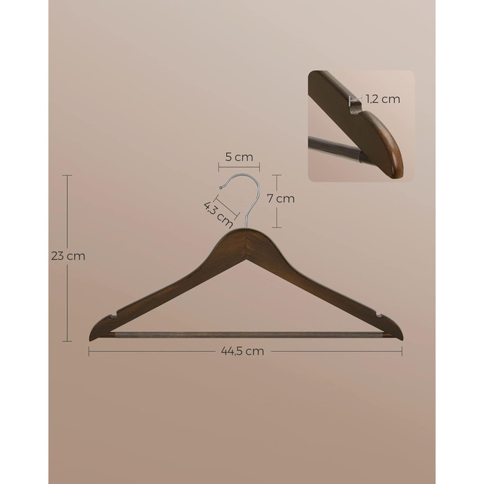 Плечики для одягу SONGMICS, 20 шт., з масиву дерева, з вирізами для плечей, неслизький тримач для штанів, обертовий гачок на 360°, для костюмів, сорочок, натуральний колір + срібловий