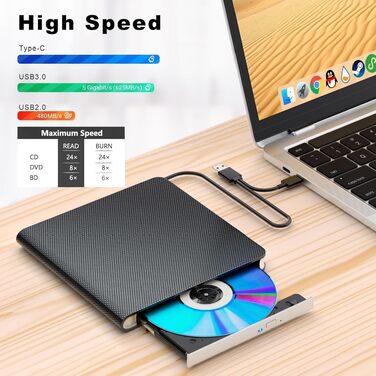 Зовнішній Blu-ray привід USB 3.0 та Type-C, портативний BD/DVD плеєр та рекордер для Windows та MacOS, чорний