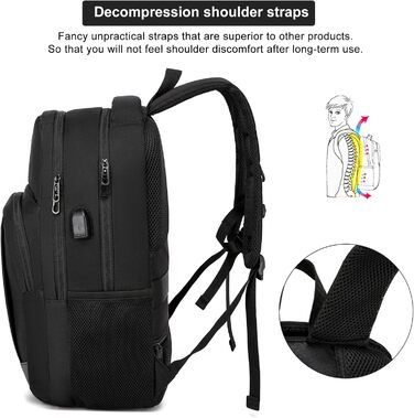 Рюкзак YIORMIOR для підлітків, чоловіків та жінок, 35L, USB-порт, для ноутбука 15.6-17.3 дюйма (Чорний)