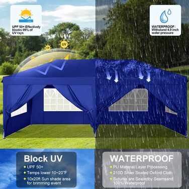 COBIZI Pop-up Pavilion 3x3, Folding Pavilion 3x3 Waterproof, Stable, Winter-proof |8x Pegs|4x Wind Rope|UV Protection 50+|High-Density Tarpaulin| Pavilion Foldable 3x3m Party Tent Folding Pavilion 3x3 Garden Pavilion (Navy Blue, 3x6m with 6 Side Walls)