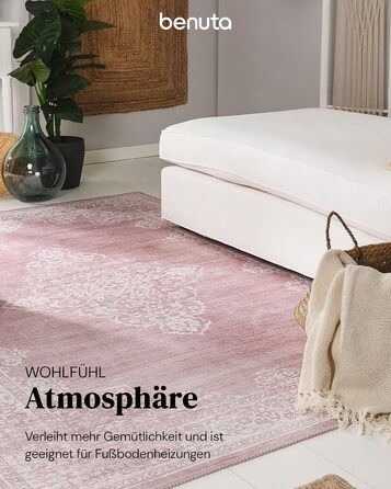 benuta pop Laury Rug - Synthetic Fiber - Rectangular & in Vintage Style - Easy Care for Living Room Bedroom, Pink, 200x300 cm 200 x 300 cm (Rectangular) Pink