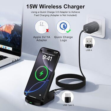 Бездротовий зарядний пристрій 15W Stand для Samsung Galaxy S25/S24/S23/S22/S21 FE та iPhone 16/15/14, Google Pixel 9/8/7/6 (Білий/Чорний)