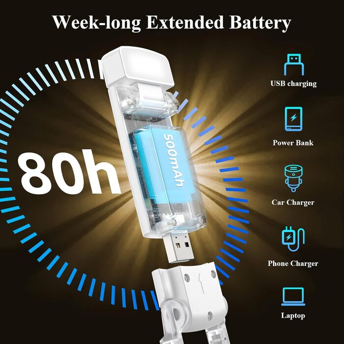 LED-лампа Alyvisun для читання: 3 кольори, 5 рівнів яскравості, таймер, USB-зарядка, 80 годин роботи, для ліжка
