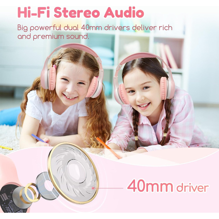 Бездротові навушники EarFun для дітей, Bluetooth, регулювання гучності 85/94 дБ, Hi-Fi звук, HD-мікрофон, 40 годин роботи від акумулятора, складні, регульовані, рожеві