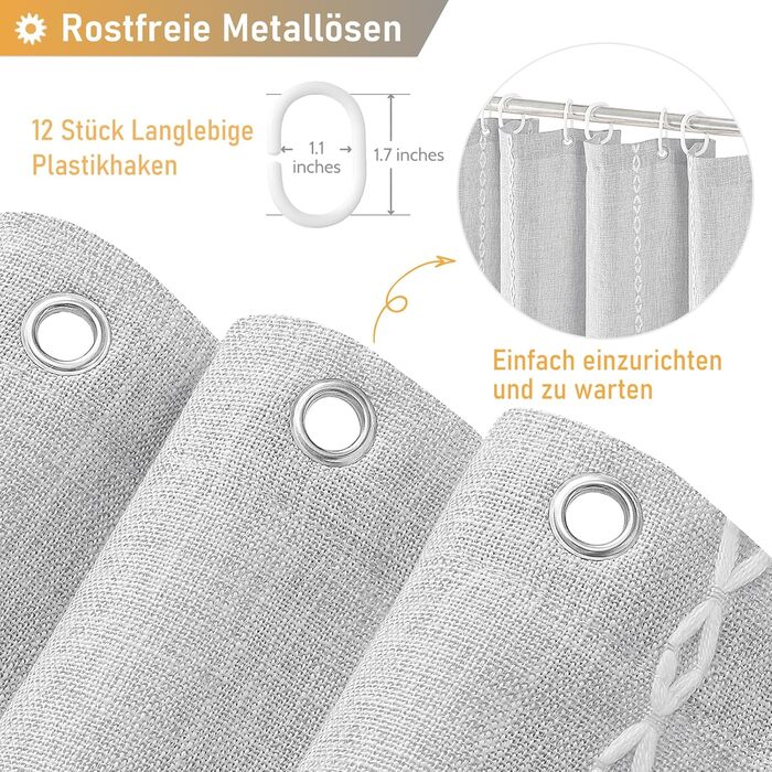 Шторка для душу BTTN 182 x 200 см, Бохо-фермерський стиль, важка тканина, з бахромою, водонепроникна, з вантажами, 12 гачків (сіра, смугаста)