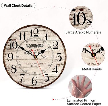 Toudorp 14 Inch Wall Clock Wooden French Country Style Quiet Wall Clock Easy to Read Battery Powered Home Decorative Retro Wall Clock
