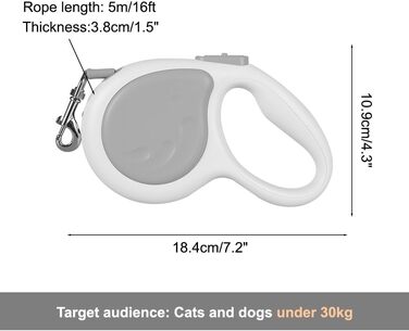 Рулетка для собак, 4.8м, міцна з поворотним гачком 360° та LED-підсвіткою, для собак та котів до 30кг, зелений (сірий)