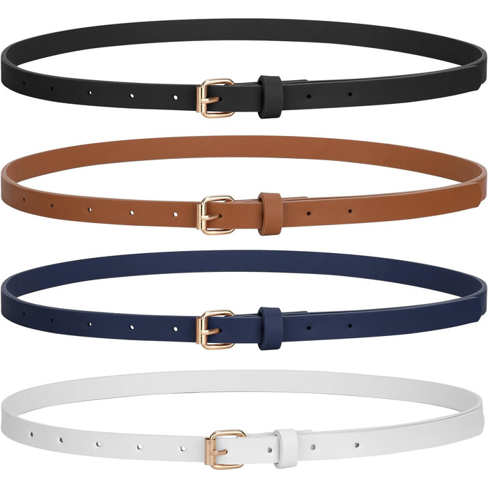 LEACOOLKEY 4 жіночі шкіряні тонкі ремені для суконь та джинсів. Тонкий пояс для талії, з золотою пряжкою (100см, 120см). Розміри: 66-79см, 93-104см. Кольори: чорний, коричневий, темно-синій, білий.