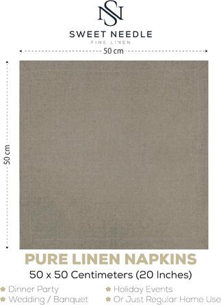 Sweet Needle Linen Napkins, Set of 12, Hemstitch Napkins, Natural Colors, 50x50cm, 100% European Washable Linen Napkins. Ideal for kitchen, Christmas, wedding, restaurant, and everyday use.