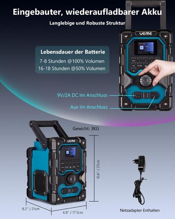 Радіо для будівельного майданчика з DAB+, FM, Bluetooth 5.0, 16W, акумулятор 8000mAh, USB-зарядка, Aux, захист від пилу та вологи (блакитне)