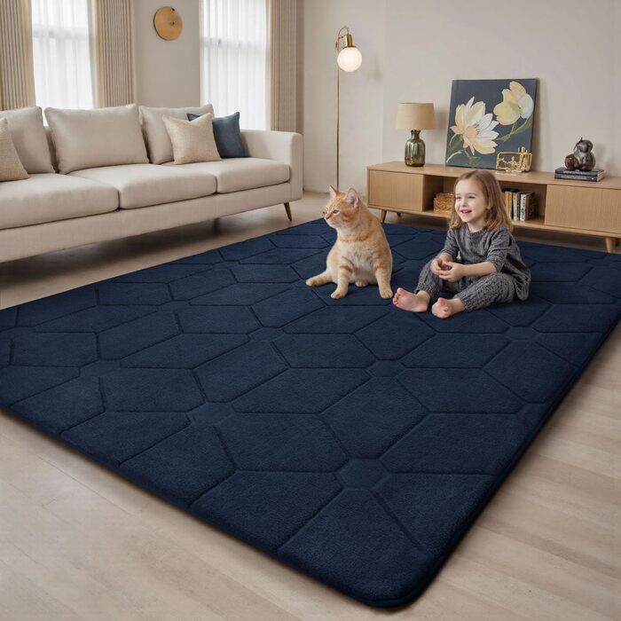 Килим для вітальні та дитячої кімнати, сірий, миючий, короткий ворс, з антиковзаючою основою, 140x200 см (темно-синій)