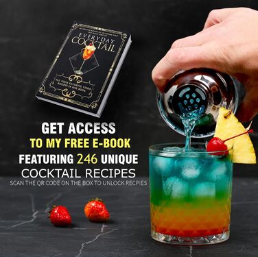 EVERYDAY COCKTAIL® Professional Glass Cocktail Shaker, 400 ml, Martini Shaker, Shaker with Recipes on the Side, Transparent Bar Shaker with Measurements, Integrated Strainer with Seal