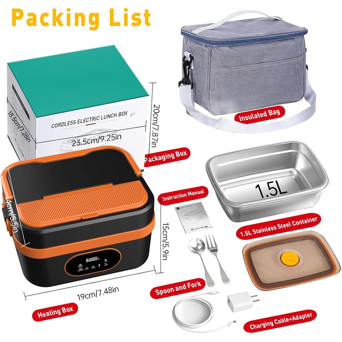 Електрична обідовниця з підігрівом 1.5L, перезаряджувана, портативна, для роботи, сім'ї, кемпінгу, офісу, подорожей, будівельних майданчиків, чорна з червоними акцентами