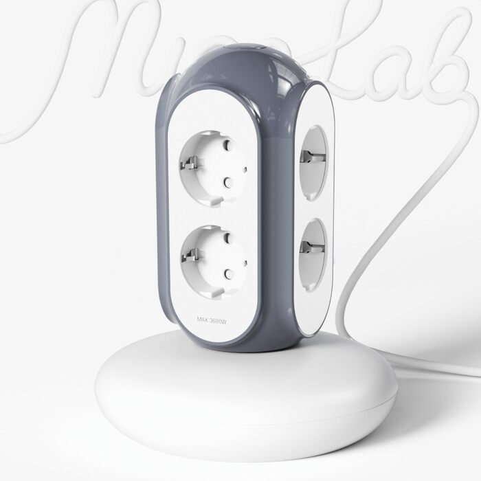 Сетевой фильтр-башня MiaoLab на 6 розеток с выключателем, защита от перенапряжения 1420J, перегрузочный защита, кабель 2м, огнестойкий корпус 850°C, Basaltgrau