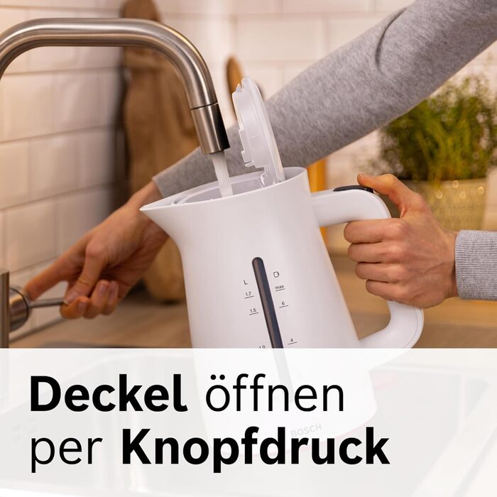 Електричний чайник Bosch MyMoment TWK3M123, 1.7 л, 2400 Вт, автоматичне відключення, захист від перегріву, покажчик рівня води, знімний фільтр від накипу, матовий білий