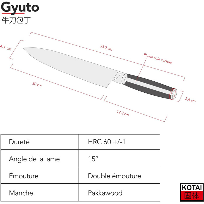 Професійний кухонний ніж KOTAI Gyuto 20 см, японський стиль, ручна робота, ультрашарпий 440C нержавіючий метал