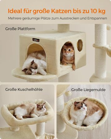 Feandrea Cat Tree for Large Cats, XXL, Heavy-Duty, Cat Tower with 6 Extra Thick Scratching Posts, Large Platform, Cave, Basket, Flexible Assembly, Detachable and Washable Cushions, Beige PCT01M