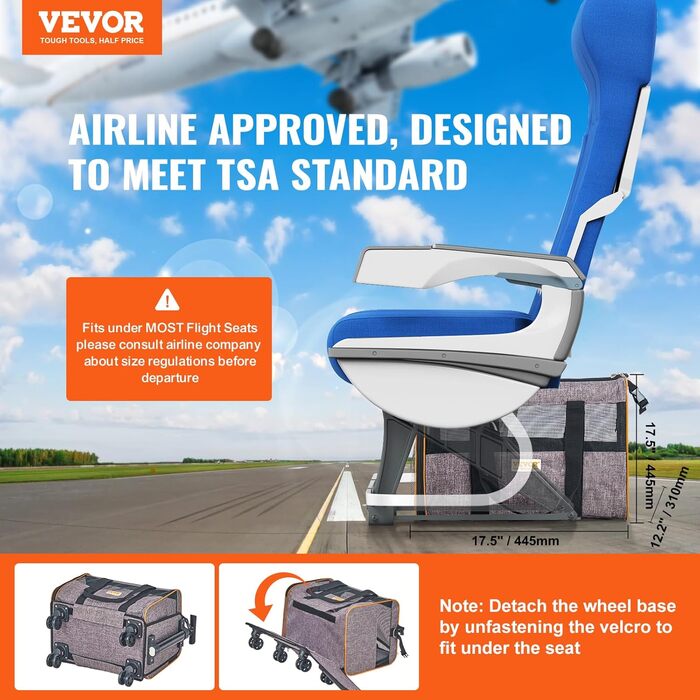 Тролей для собак VEVOR, розкладний рюкзак для собак до 15,8 кг, переноска для тварин з тканини 600D Oxford, 4 колеса, кишені для зберігання, ідеально для подорожей на авто та прогулянок (сірий, 10 кг)