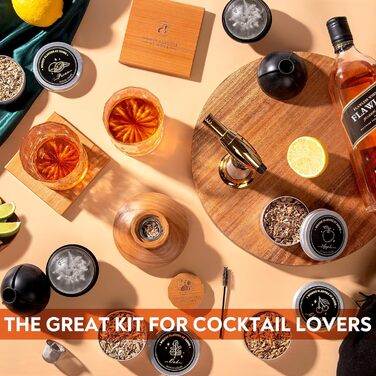 Набір для копчення коктейлів 'Old Fashioned' для віскі, бурбону та напоїв. З коптильницею, деревною стружкою, кулінарним пальником, кубиками льоду, 2 підставками, 2 склянками