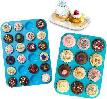 2 Pack Silicone Muffin Baking Mold Set - Regular 12 Cups + 24 Cups Cupcake Mold BPA Free, Non-Stick, Heat-Resistant, Food-Grade Silicone Baking Molds with Bonus 1 Silicone Spatula & 1 Oil Brush blue