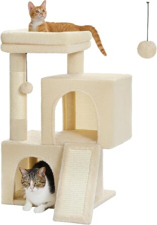 PETEPELA Scratching Post with Dual Condos for Apartment Cats, All-in-One Cat House with Padded Perch, Scratch Ramp and Post, and Replaceable Balls Beige
