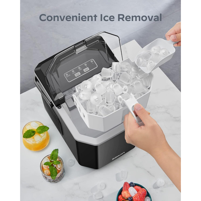 Машина для приготування льоду Silonn з кошиком – портативна та самоочисна, Mini Ice Maker, 9 кубиків/6 хв, 12 кг/день, зручне виймання та використання (Чорний, 1.2 л)