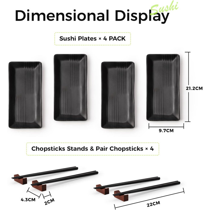 Набір посуду для суші 12 шт. Чорний набір суші з 4 тарілками, 4 парами паличок та 4 підставками для паличок. Підходить для ресторанів, сімей та готелів