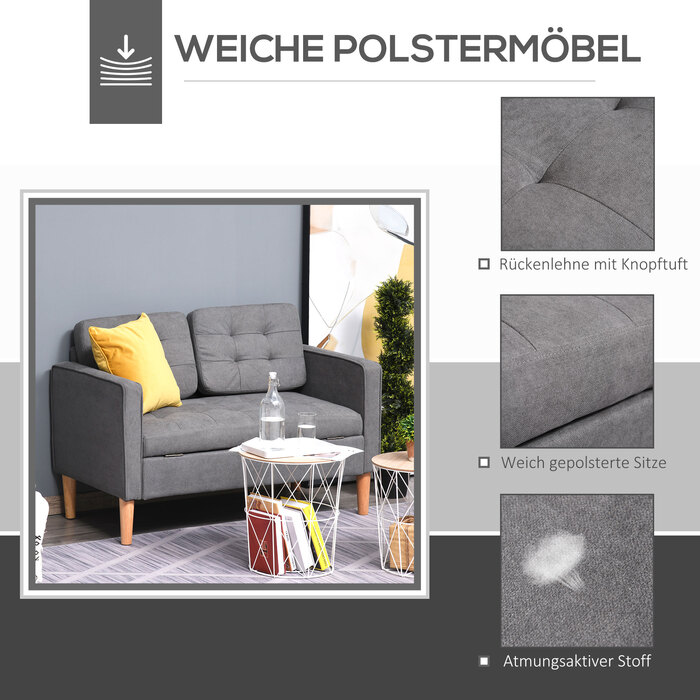 HOMCOM 2-Seater Sofa Fabric Sofa Loveseat with Removable Cushions Made of Rubberwood and Cotton in Grey 117x62x78 cm for Living Room