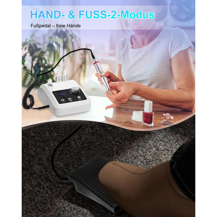 Електрична машинка для манікюру та педикюру CozyZen Professional: 45000 об/хв, LCD-дисплей, керування рукою/ногою, тиха робота, для акрилу та гелю, білий