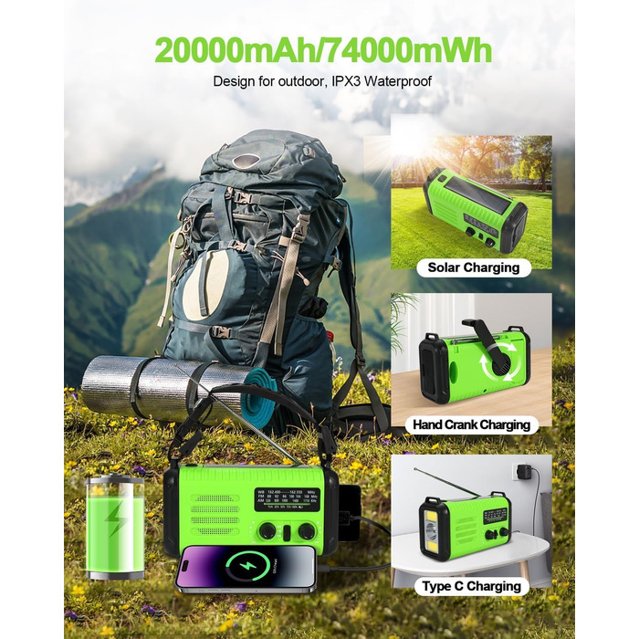 Сонячне радіо Kurbelradio з Powerbank 20000mAh, AM/FM/WB радіо, ліхтарик, зарядний пристрій USB-C, SOS-сигнал, компас, водонепроникне для відпочинку на природі, кемпінгу, екстрених ситуацій, зелений світло-зелений