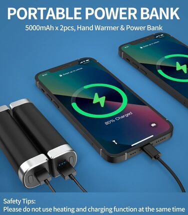 Електричні грілки для рук 5000mAh, 2 шт. - багаторазові, для дітей, на відкритий простір, зимовий подарунок (чорний)