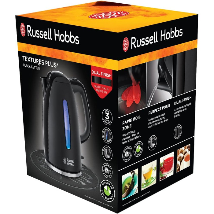 Електричний чайник Russell Hobbs 1.7л, 2400W, чорний, з LED-підсвічуванням, функція швидкого кип'ятіння, фільтр від накипу, індикатор рівня води