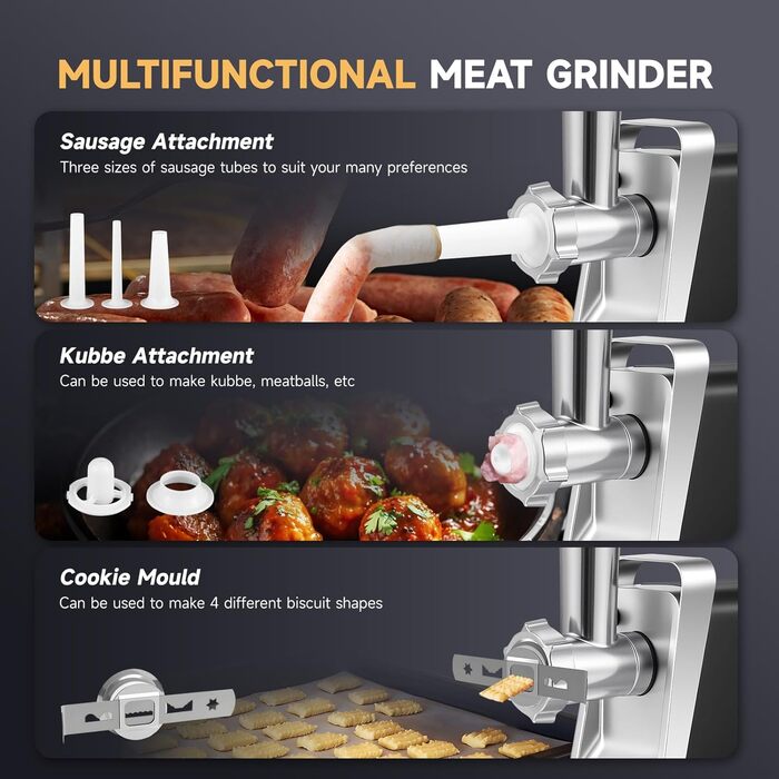 М'ясорубка електрична Hanchen 4-в-1 з насадками для ковбас та печива, 3 диски (3.5/5/7 мм), нержавіюча сталь