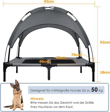 Підвищене ліжко для собак UISEBER 92x76x92 см, Outdoor з дахом, для великих собак до 50 кг, водонепроникне, сіре+чорне 【L】