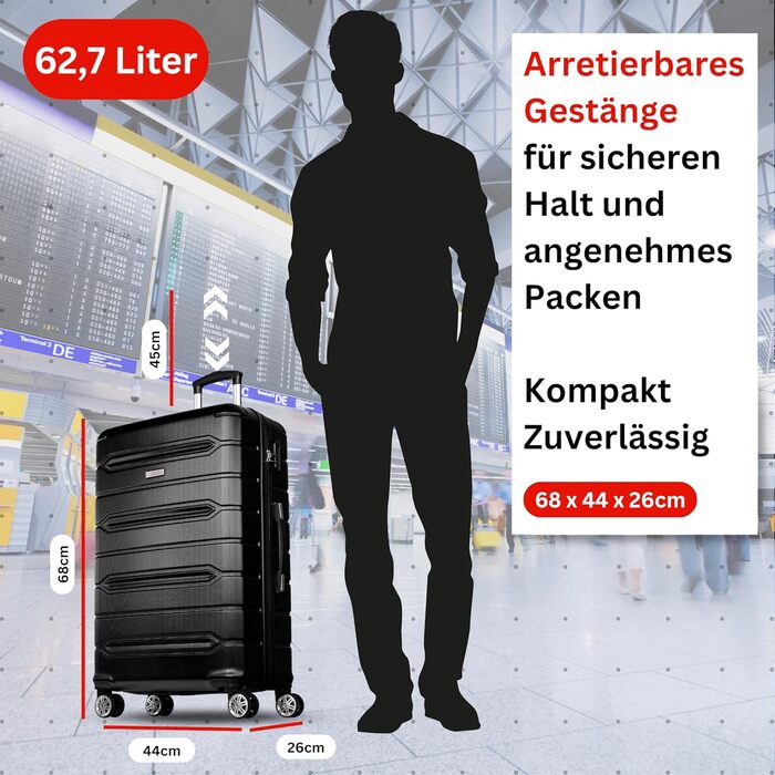 Валіза NOWI Rhodos – 3-секційний набір, жорсткий корпус ABS, кодовий замок, 4 колеса, розширювана, 360° обертання, легка та міцна. Розміри: M, L, XL (Чорний, SET)