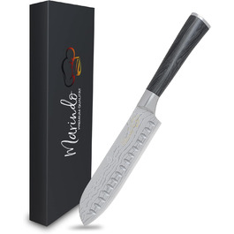 Японський ніж Santoku Marindo® з нержавіючої сталі 17,8 см | Ніж для кухні з дамаскною обробкою та стійкою дерев'яною ручкою | Універсальний японський ніж з подарунковою упаковкою | Гострий та нержавіючий
