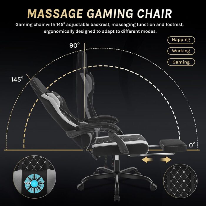 WOLTU Gaming Chair with Massage Function, Computer Chair with Pocket Spring Cushion, Ergonomic Gamer Recliner, Swivel Chair with Headrest, Lumbar Pillow, Footrest, Mesh Fabric, Black+Grey, GS15szg Black+grey Mesh Fabric